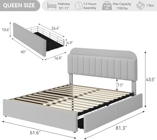 GarveeHome Queen Bed Frame, Platform Bed with Storage Headboard & Drawers