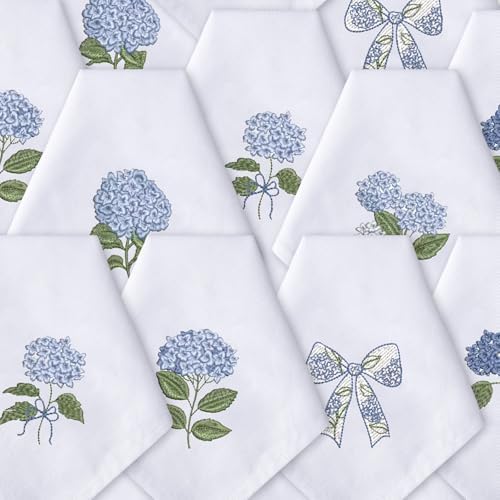 HunnmingRe 12 Pcs Blue Hydrangea Cloth Napkins Bulk 100% Cotton, 17x17inch