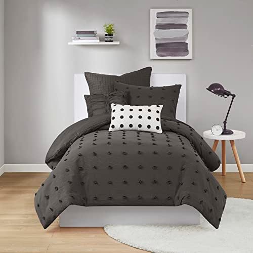 Intelligent Design Duvet Set 100% Cotton Jacquard, Tufts Accent, Shabby Chic All Season Cover for Comforter, Matching Shams, Decorative Pillows, Twin/Twin XL (68 in x 92 in), Charcoal 5 Piece