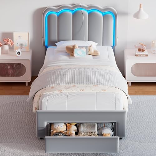 Jocoevol Twin Upholstered LED Bed Frame with Storage Drawer and Adjustable Chic Double Wavy Headboard, Velvet Princess Platform Bed for Girls/Kids, Solid Wood Slats Support, No Box Spring Needed, Grey