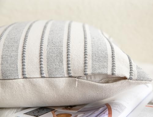 Cethom Decorative Boho Throw Pillow Covers, Farmhouse Textured Pillow Case, 20 x 20 Inch Set of 2, Chair Sofa Bedroom Living Room Home Decor Couch Cushion Case, Grey and Beige Striped