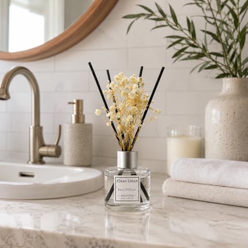Reed Diffuser Set of 3 Pack,Clean Linen,Eucalyptus&Mint,White Jasmine Scented Oil Diffuser with 12 Sticks,Reed Diffuser for Home Living Room Office Bathroom Air Freshener,50ml x 3