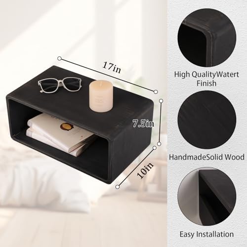 Wood Floating Nightstand Side Table 18”x 10”x 7.5” Rustic Black, Modern Wooden Floating Nightstand for Bedroom Bedside Table for Bedroom Office Home Decor