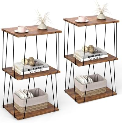 KJGKK Side Table Set of 2, Tall End Table, Small Accent Table, Bedside Table for Living Room, Bedroom, Rustic Brown & Black