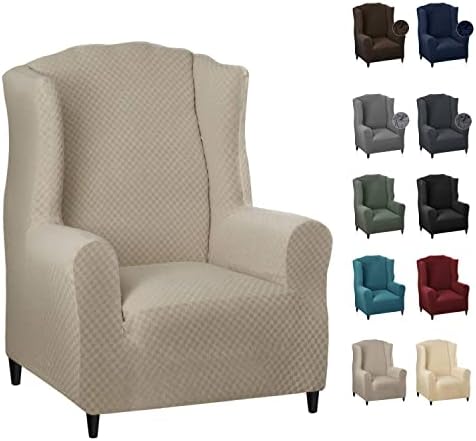 MAXIJIN Wingback Chair Covers 1-Piece Stretch Wing Chair Covers Soft Thick Wingback Armchair Slipcover Non-Slip High Back Chair Furniture Protector Washable (Wing Chair, Khaki)