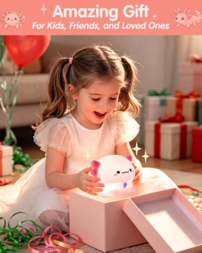 Fuloon Axolotl Night Light, 3-Level Dimming Silicone Touch Lamp with Rechargeable Battery & 30-Min Auto Timer, Cute Squishy Unicorn Whale Desk Decor, Funny White Elephant Gift for Adults Teens Kids
