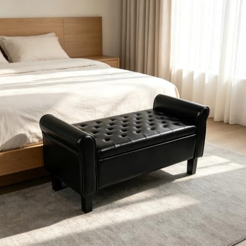 51 Inch Black Faux Leather Storage Ottoman Bench with Rolled Armrests