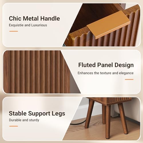 Narrow Nightstand Set of 2 with Charging Station, Small Side Table, Walnut