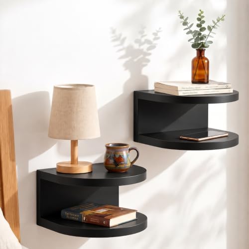 Bamboo Floating Wall Mounted Nightstand Wall Storage Shelf (2, Black)