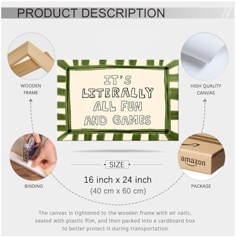 Wrapped Framed 16x24 inch It's Literally All Fun And Games Funny Quotes Wall Art Preppy Minimalist Poster Canvas Prints For Kids Living Room Nursery Bedroom Wall Decor