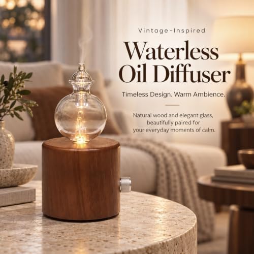 Waterless Essential Oil Diffuser, Cordless Rechargeable Glass Nebulizing Diffuser with Wood Base & Warm LED Light, Aromatherapy Diffuser for Home, Bedroom & Office