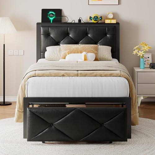 Einhomn Twin Bed Frame with Storage Drawer, Metal Platform Bed with Charging Station, Upholstered Faux Leather Button Tufted Storage Headboard, No Box Spring Needed, Noise-Free, Easy Assembly, Black