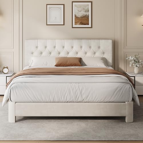 Full Size Bed Frame with Headboard, Luxury Velvet Fabric Upholstered Bed frame with Button Tufted Design, Strong Wooden Slats Support - Low & Sturdy, Noise-Free, No Box Spring, Easy Assembly, Beige