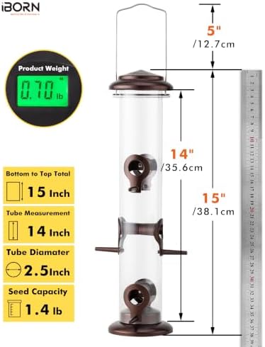 iBorn Bird Feeders for Outdoors 14" 6 Ports Chew-Resistant, Coffee, 1PK