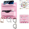 Pink Bedside Shelf Organizer - Wall Mount Phone Holder with Glasses Hook & 50 Motivational Stickers for Girls Bedroom Dorm Decor