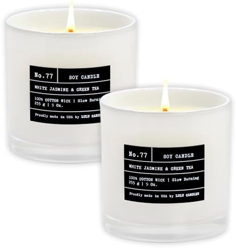 Lulu Candles | White Jasmine & Green Tea | Luxury Scented Soy Jar Candle | Hand Poured in The USA | Highly Scented & Long Lasting (9 Oz. 2 Pack)