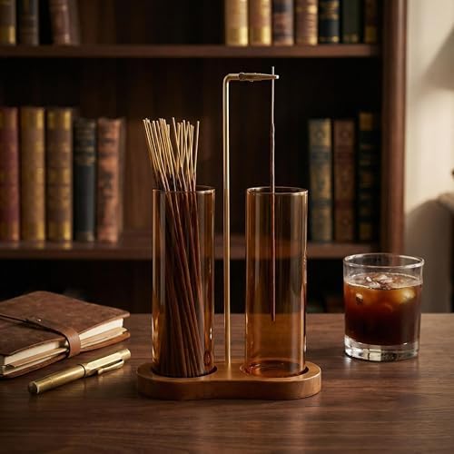 Amber Glass Incense Holder, Colorful Incense Sticks Burner Holder with Storage,Hang Upside Down Incense Holder for Sticks with Glass Ash Catcher for Meditation Yoga Spa Room Decor (Amber)