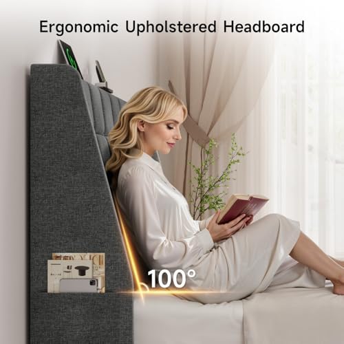 ONBRILL Ergonomic Headboard Queen Size with Charging Station, Dark Grey