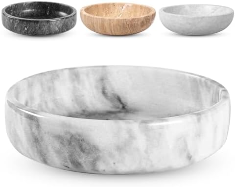 FNTSTICGOODS Marble Decorative Bowl - 7.5" White/Grey Solid Marble Centerpiece - Handmade Stone Fruit Bowl - Catch-All or Key Bowl for Kitchen - Modern Minimalist Decor
