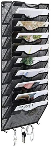 EasyPAG 10 Pocket Mesh Wall File Organizer with Key Hooks, Hanging Paper Folder Holder with Classify Label, Vertical Wall Mount Mail Organizer for Office Home Classroom, Black