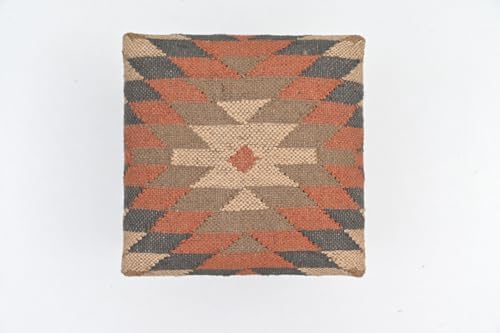 Handmade Jute Upholstered Ottoman Stool | Square Foot Rest with Wooden Legs | Decorative Accent Seating for Bedroom, Living Room, Entryway, Vanity & Hallway (Grey-Red)