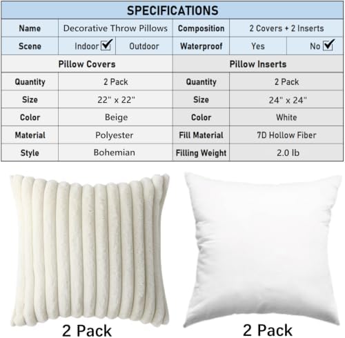 Decorative Throw Pillow with Inserts, Set of 2 Soft Faux Fur Throw Pillows, Boho Striped Pillow for Couch, Bed, Sofa Decor (Beige, 22" x 22"(Pack of 2))