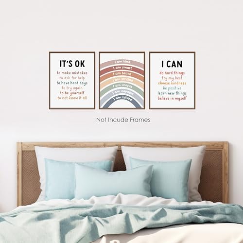 BESERH Boho Kids Positive Affirmation Rainbow Wall Decor, Mental Health Inspirational Wall Art Prints, Motivational Posters for Kids Room Nursery Playroom Classroom, 8x10 Inches Set of 3 Unframed