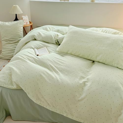 Polka Dot Duvet Cover Full Green Boho Comforter Cover Full Size Cotton Double Gauze Cutecore Pattern Duvet Cover Set with Zipper Chic Cozy Bedding Set for Girls Duvet Protector