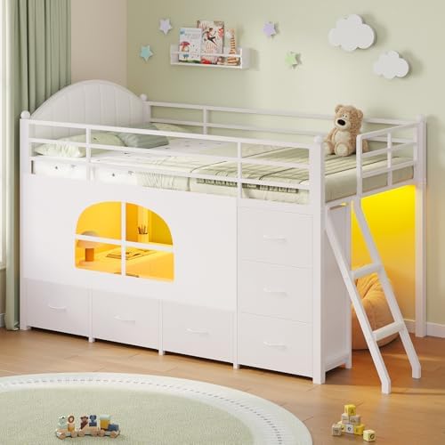 DICTAC Low Loft Bed Twin Size with 8 Storage Drawers, LED Lights, Twin Loft Bed with Upholsterd Headboard, Inclined Ladder&Play Curtain, Kids Loft Bed with Safety Guardrail, Under-Bed Play Area, White