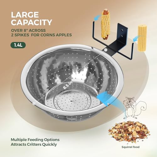 Squirrel Feeder with Metal Drainage Bowl, Squirrel Feeders for Outside, 8.5" Removable Bowl Easy to Clean/Refill, 2 Squirrel Corn Cob Spikes for Various Food, Tree/Fence Mount,Notebook(Brown)