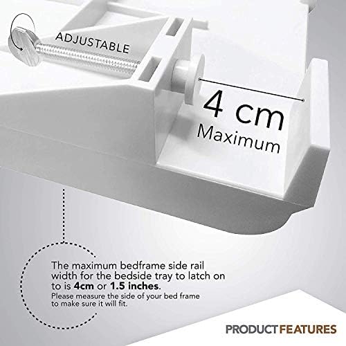 Modern Innovations Bedside Shelf for Bed, College Dorm Room, Bunk Bed Shelf/Caddy for Top Bunk, Clip On Nightstand Tray with Cord and Cup Holder for Table Storage (White)