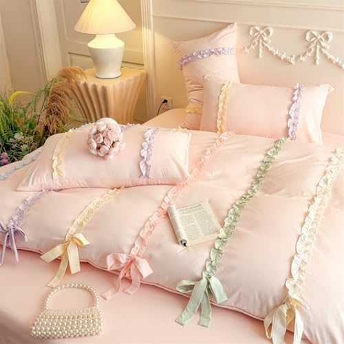 Colorful Striped Ruffled Bedding with Cute Bow,Chic Ruffle Romantic Queen Duvet, Coquette Aesthetic Style 3 piece Duvet Cover Set-1Queen Duvet Cover with 2 Pillowcases, No Comforter