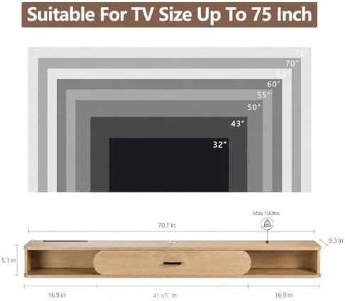 GHC Floating TV Stand, 75'' Wall Mounted TV Cabinet, Floating Shelves with Door, Media Console for DVD Player, Space-Saving Under TV Shelf for Bedroom & Living Room (Oak)