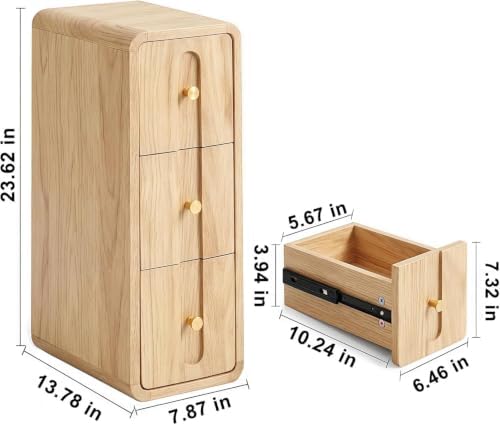 Narrow Nightstand Set of 2, Small Bedside Table with 3 Drawers, Mid Century Modern Skinny Nightstand with Storage, Wood Slim Side Table for Bedroom, Living Room (Natural-2pcs)