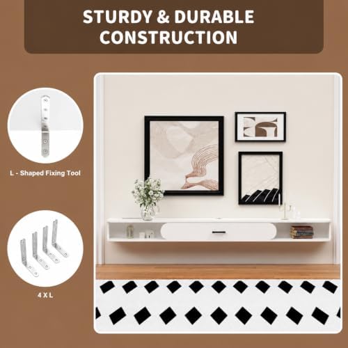 GHC Floating TV Stand, 75'' Wall Mounted TV Cabinet, Floating Shelves with Door, Media Console for DVD Player, Space-Saving Under TV Shelf for Bedroom & Living Room (White)