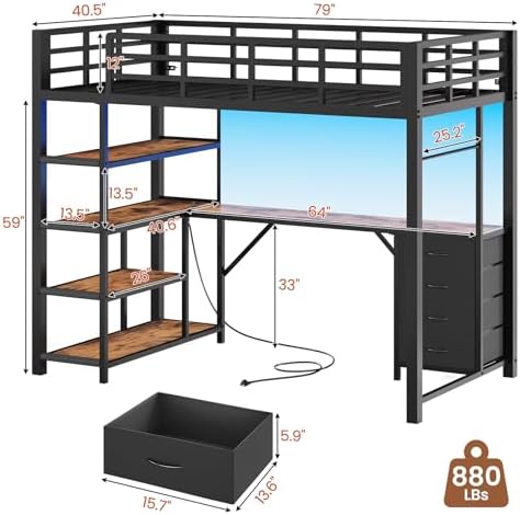Loft Bed Twin Size with L Shape Desk,4 Drawers,3-Tier Storage Shelves Metal Loft Bed Frame with Power Outlet and LED Lighted,No Box Spring Needed,Space-Saving,Noise Free (Brown & Black, Twin Size)