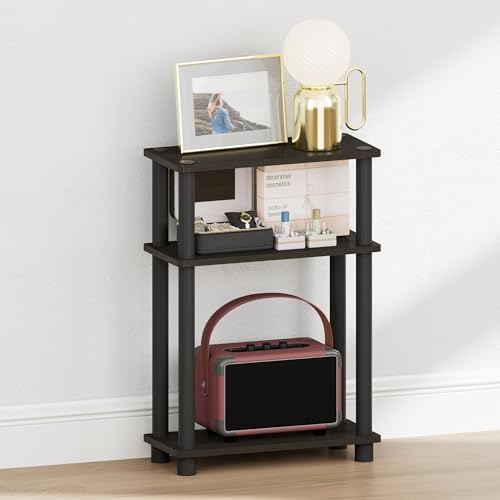 Furinno Turn-N-Tube Narrow Night Stand, 3-Tier Rectangular Nightstand with Storage Shelf, Slim Toolless Bedside Table, End Table, Side Table, for Bedroom, Closet, Dorm, Espresso