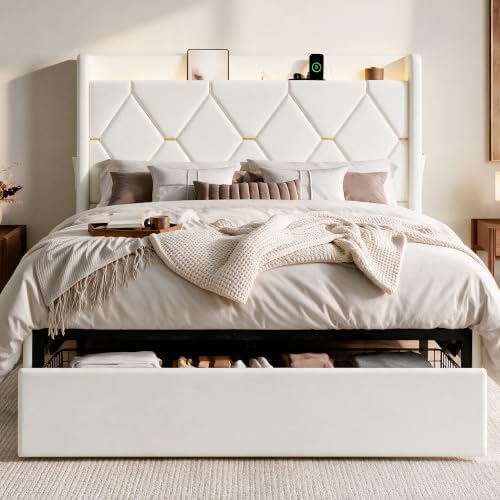 SHA CERLIN Full Size Bed Frame with Storage Drawer & LED Lights, White