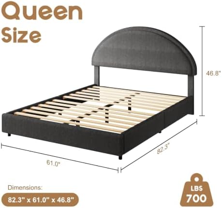 REVOMINCA Queen Bed Frame, Boucle Upholstered Platform Bed Frame with Headboard, Soft Platform Bed with Round Corner, No Box Spring Required, Easy Assembly, Dark Grey