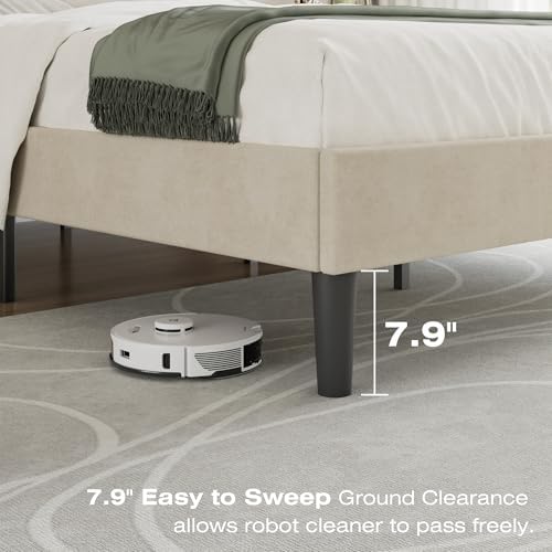 VECELO Queen Size Bed Frame with Upholstered Headboard, Pale Beige