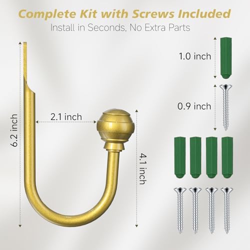 Hion Curtain Holdbacks Gold 6pcs, Curtain Tiebacks Wall Mounted Hooks