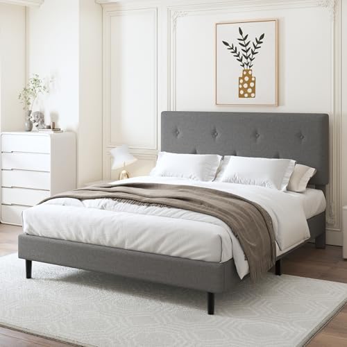 Full Size Linen Bed Frame with Adjustable Headboard Grey