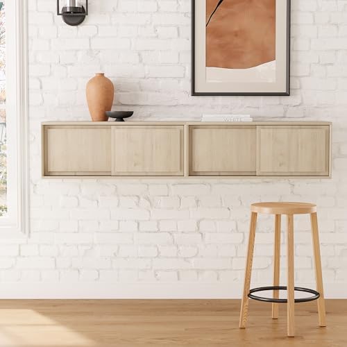 Floating TV Stand Set of 2, 30" Multi-Purpose Modern TV Display Shelf Console Entertainment Center Cabinet with Sliding Doors for Bedroom Living Room Entryway, Light Oak