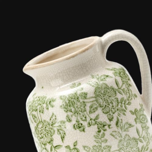 Ceramic Vintage Flower Vase, Utensil Holder, Green and White Decorative Vase Chinoiserie Decor Rustic Farmhouse Retro Floral Vases for Table Bookshelf Mantel Kitchen Living Room - 6.7” Green 016