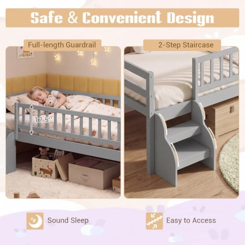 Giantex Kids Low Loft Bed Twin Size with Stairs & Safety Guardrails, Grey
