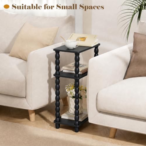 3-Tier Narrow Side Table, Skinny End Table with Wood Spindle Legs Black