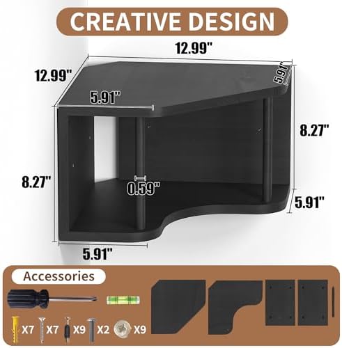 Black Floating Corner Wall Shelves with Cord Hole - Pine Wood 90° Corner Floating Nightstand Shelves Wall Mounted, 18’’ Floating Cabinet Shelf, Projector Corner Shelf for Living Room,Bedroom,Kitchen