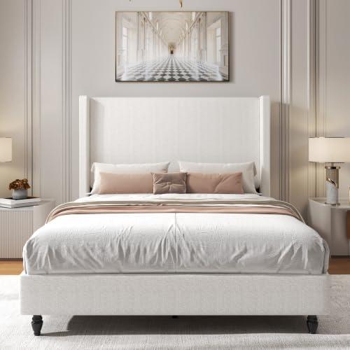 Queen 54" Tall Headboard Wingback Upholstered Bed Frame Beige