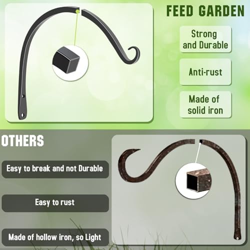FEED GARDEN Plant Hooks 2 Pack 10 Inch, Solid 8mm Steel Wall Mounted Hanging Brackets, 48lb Rated, 1.2" Hook Opening, for Bird Feeders Baskets Wind Chimes, Indoor Outdoor Black