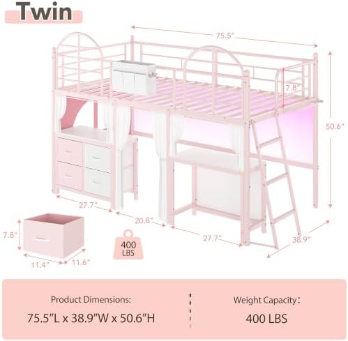Twin Low Loft Bed with Desk & 4 Storage Drawers, Smart LED Lights, Pink